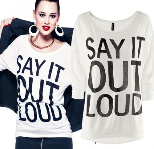 2013 free shipping  fashion Women's slim say it out loud letters printed  LOGO loose round neck cotton T-shirt  1374