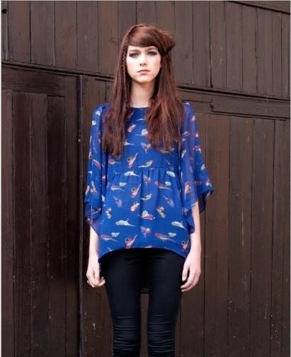 2013 free shipping  fashion Women's slim Spring and summer bird stamp the dovetail style chiffon shirt dress 1373