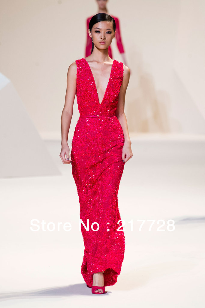 2013 Free Shipping Fashionable Deep V Ncek Off Shoulder A-line Floor Length Red Elie Saab Lace Evening Dress