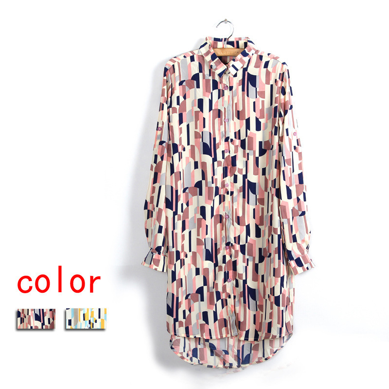 2013 free shipping geometric dress Clearance inventory boutique lapel long-sleeved geometric prints varying sleeve shirt