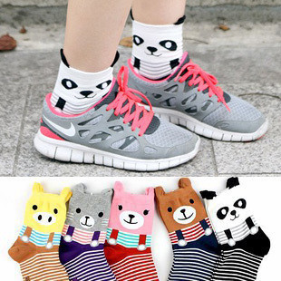 2013 Free Shipping ! Korea Cute Cartoon Panda Pure Cotton Candy Color Socks/Socks Have Panda's Ears FC12676
