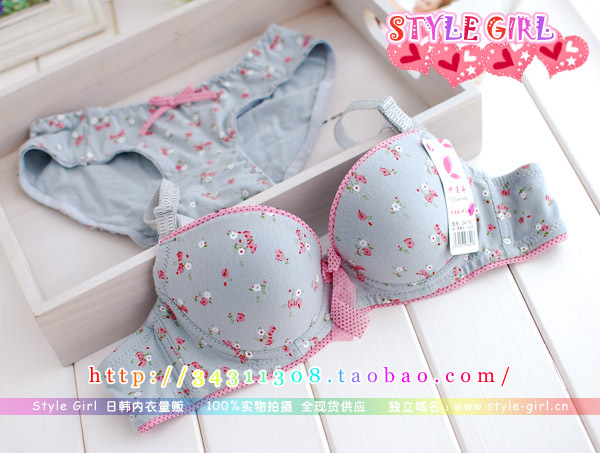 2013 Free shipping Lolita gray flower bra set  for women three quarters gathering push up underwear Bra & Brief Sets