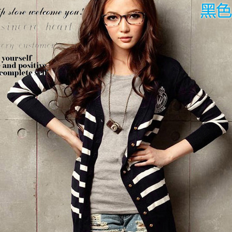 2013 free shipping   new arrival women's navy stripe thin V-neck medium-long air conditioning shirt cardigan sweater female
