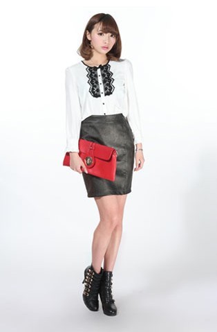 2013 Free shipping New design black A line washable women black PU leather skirt