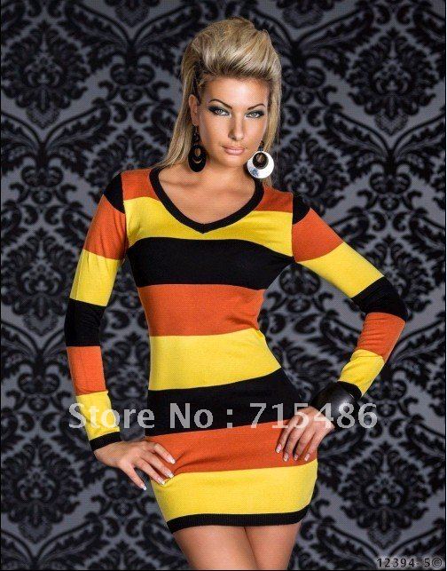 2013  Free Shipping Sexy Long Sleeve  Hot  Colored  Strips Dress Yellow and Black Sexy  Mini dress