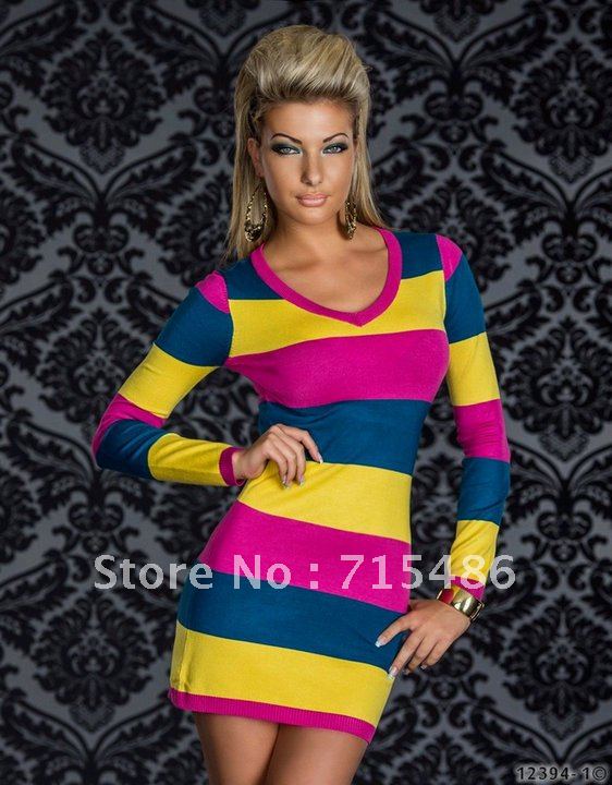 2013 Free Shipping Sexy Long Sleeve  Hot  Colored  Strips Dress Yellow and Pink and Blue Sexy  Mini dress
