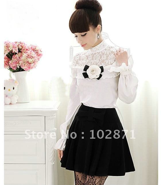 2013 Free Shipping Spring Autumn new fashion ladies lace lace Stand-up collar horn sleeve long shirts sleeve