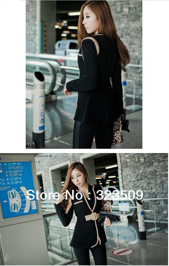 2013 Free shipping spring fashion new jacket Hot Slim temperament spell color waistbelt coat