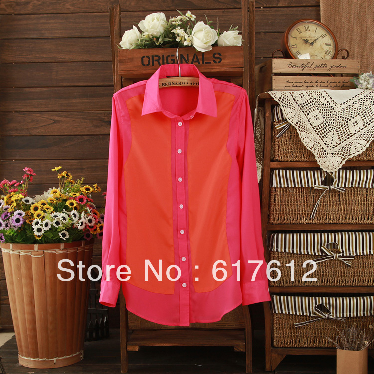 2013 free shipping spring Korean ladies Slim temperament shirt hit the color stitching lapel long-sleeved women chiffon blouse