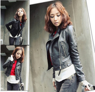 2013 free shipping  spring motorcycle slim short design women's small leather clothing short jacket