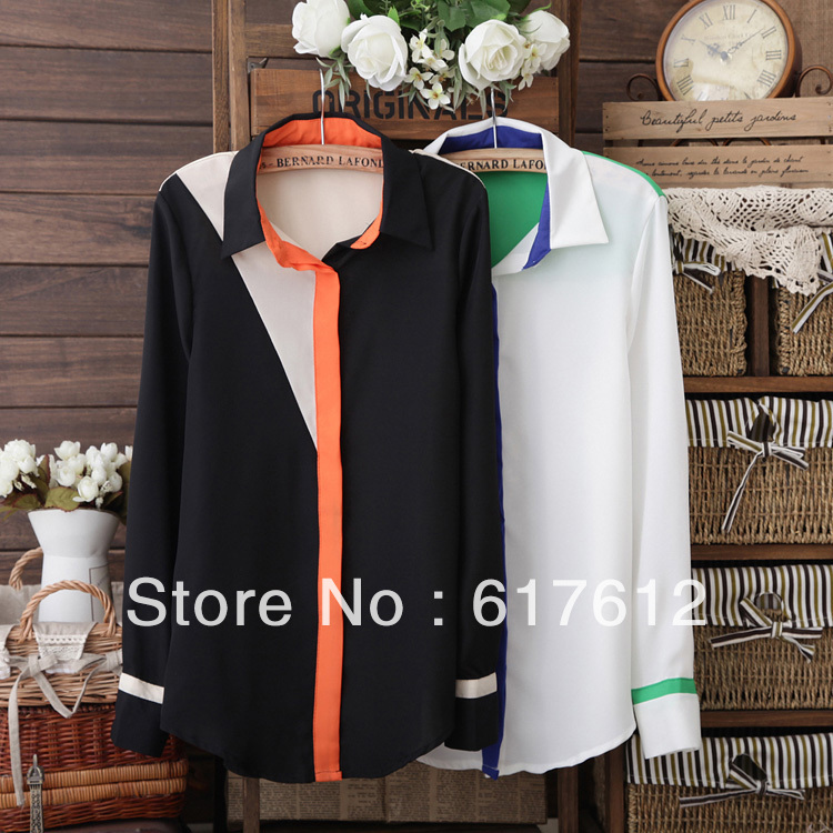 2013  free shipping spring new Europe American spell color casual lapel long-sleeved women's chiffon shirt / ladies blouse