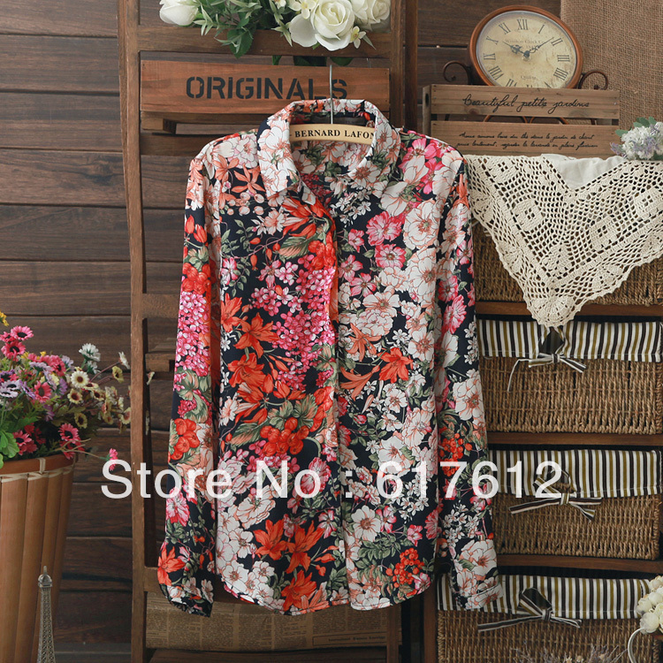 2013 free shipping spring new European American women retro flower print pattern lapel long-sleeved floral shirt / blouse lady