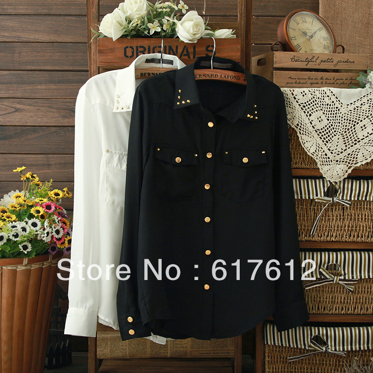 2013 free shipping  spring new European and American Slim wild temperament pocket lapel women's long-sleeved shirt lady shirt