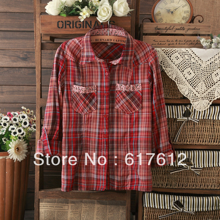 2013 free shipping spring summer new Korean Floral pocket cotton color plaid lapel women's long-sleeved shirt ladies blouse