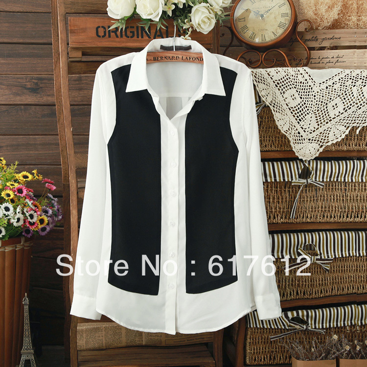 2013 free shipping Spring summer the new European American wild mixed colorslapel long-sleeved women chiffon blouse lady shirt