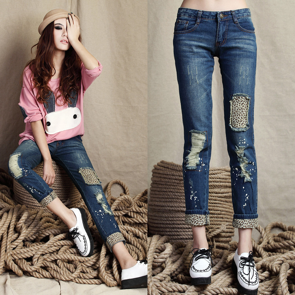 2013 free shipping   spring women's leopard appliques wearing white hole skinny pants pencil jeans roll up hem pants 601