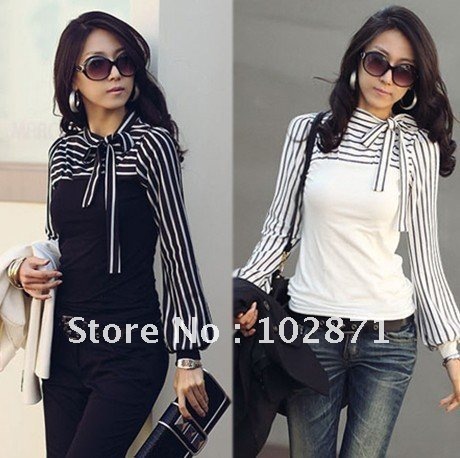 2013 Free shipping Summer Women's Shirt Stand Collar Bowknot Stripe puff sleeve T-shirts