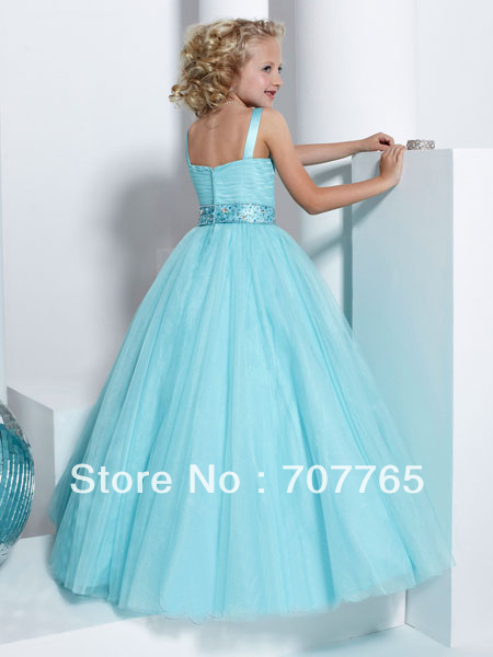 2013 free shipping sweetheart beaded ruched sky blue ball gown flower girl pageant dress CWFf755