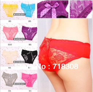 2013 free shipping Take bowknot ladies' underwear hollow out transparent lace underwear