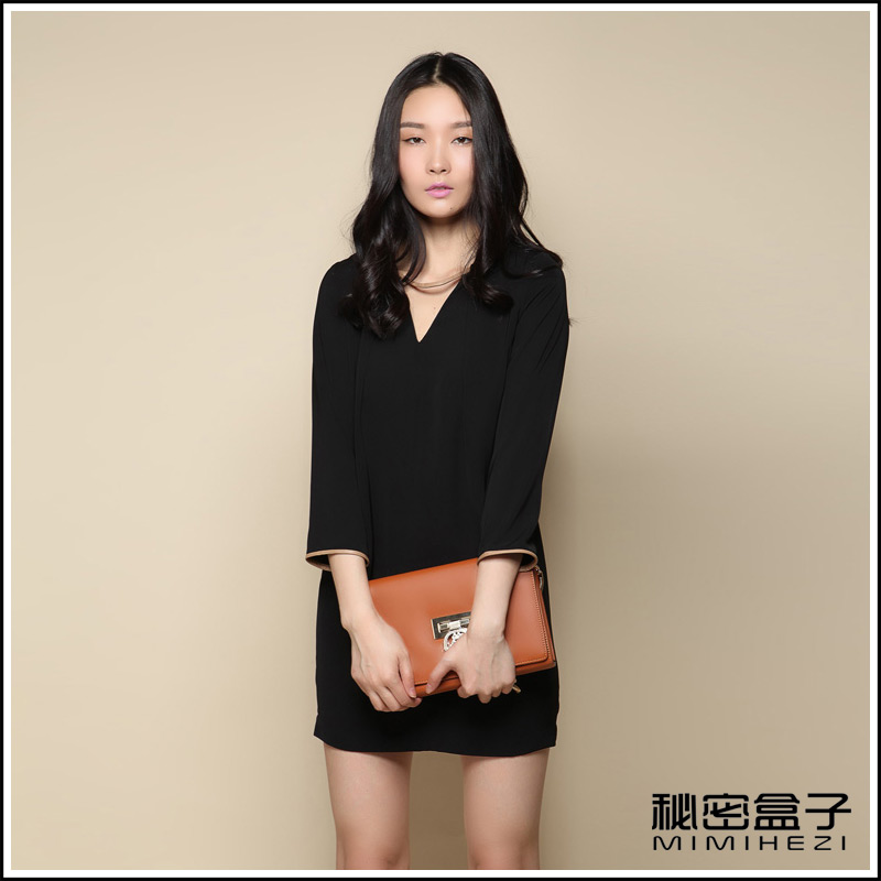 2013 Free Shipping Time V-neck wrist-length sleeve patchwork leather color block loose women's spring sexy one-piece dress