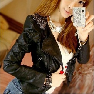 2013 free shipping Turn-down collar black small leather motorcycle clothing female short design fashion slim short jacket PU