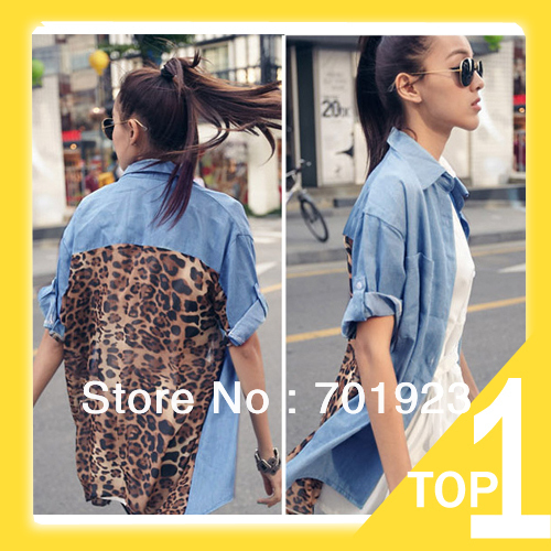 2013 Free shipping Vintage Women's Chic Denim Splicing Leopard Chiffon Blouse T-Shirt Loose Tops  Y7118
