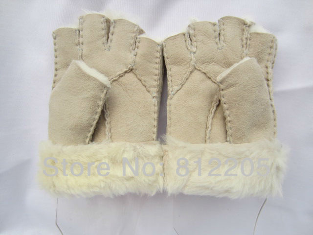 2013 Free shipping Wholesale women winter white shearing wool half fingers sheep leather gloves GY081
