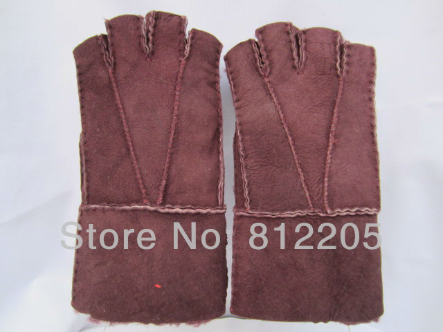 2013 Free shipping Wholesale women winter wine red shearing wool half fingers sheep leather gloves GY083