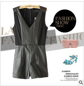 2013 Free Shipping Women Good Quality   spring and summer PU V-neck Lady's Jumpsuits