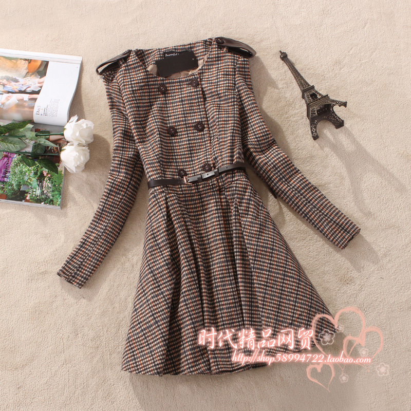 2013 free shipping    women outerwear fashion small plaid vintage skirt double breasted trench overcoat