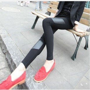 2013 Free Shipping Women's 1058  autumn faux leather patchwork legging autumn long trousers 9 black