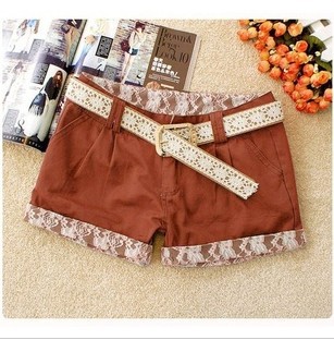 2013  Free shipping!   Women's Candy Lace Ruffle Laciness Shorts With Flower Belt,4 Color