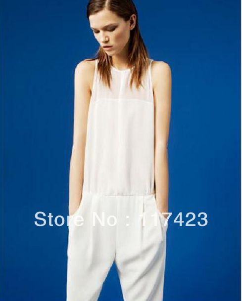 2013 Free Shipping Women's Chiffon White Overalls Fashion Ladies' Casual Rompers Charming Shrink Waist Two Colors Size-S-L S348
