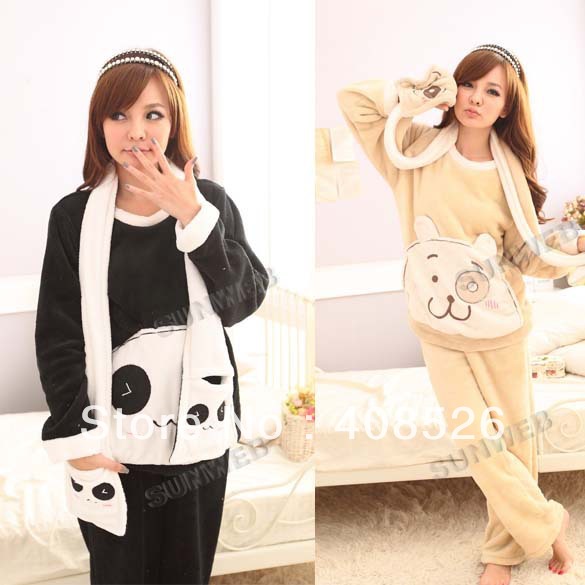 2013 Free shipping Women's sleepwear coral velvet pajamas cartoon long sleeve two sets of pajamas Black, Beige, Red