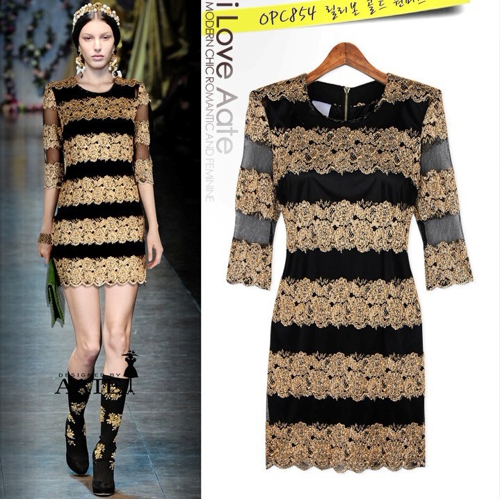 2013 Free Shipping Women's Summer Zar Fashion Novelty Dress,Gold Floral Lace Casual Dress Alibaba Express