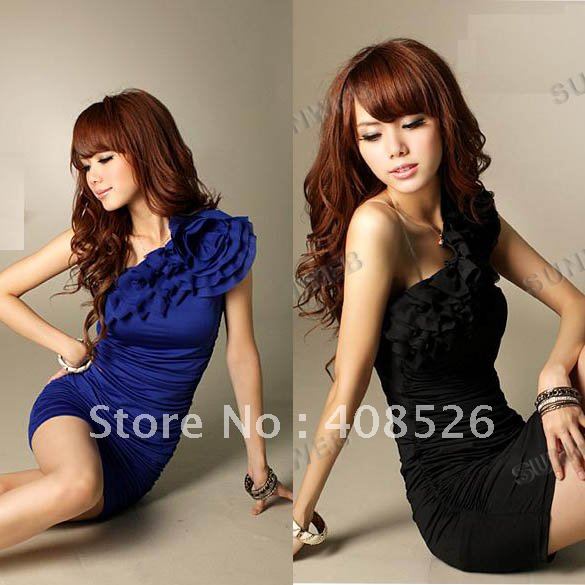 2013 free shipping Womens One Shoulder off Sexy Wrinkle mini milk silk Dress 2 colors 3593