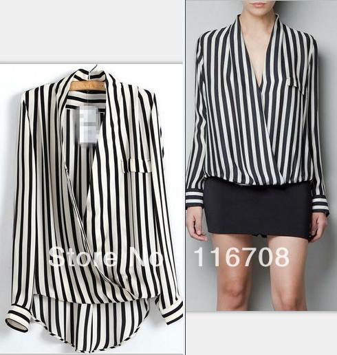 2013 free shipping zar* fashion womens' Sexy classic Striped Blouse Deep V neck elegant quality slim shirt designer tops ts063