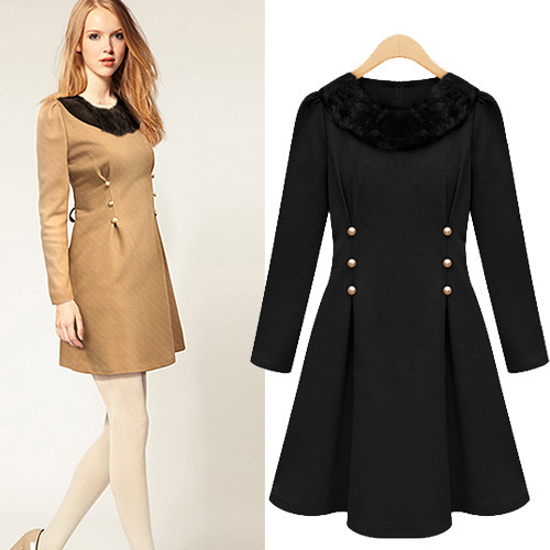 2013 Free ShippingEurope and the United States women's 2013 winter new fur collar the waist woolen dress winter models dress 163