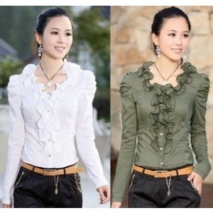 2013 freeshipping ol long-sleeve  slim ruffle shirt