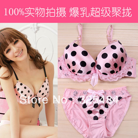 2013 Freeshipping Popular Back Closure Lingeries 3/4 Cup Black With Pink / White Ball Dot Bra Sets