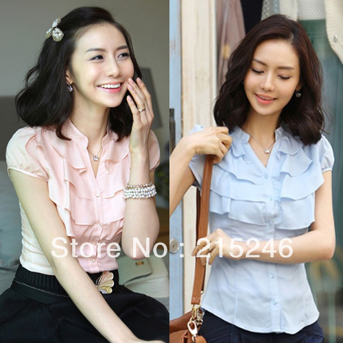 2013 gentlewomen ruffle professional women's elegant slim waist bubble short-sleeve shirt