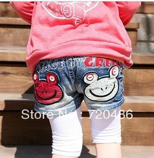 2013  Girl short Denim jeans big PP pants boy girl Frog  print jeans kids trouses+free shipping