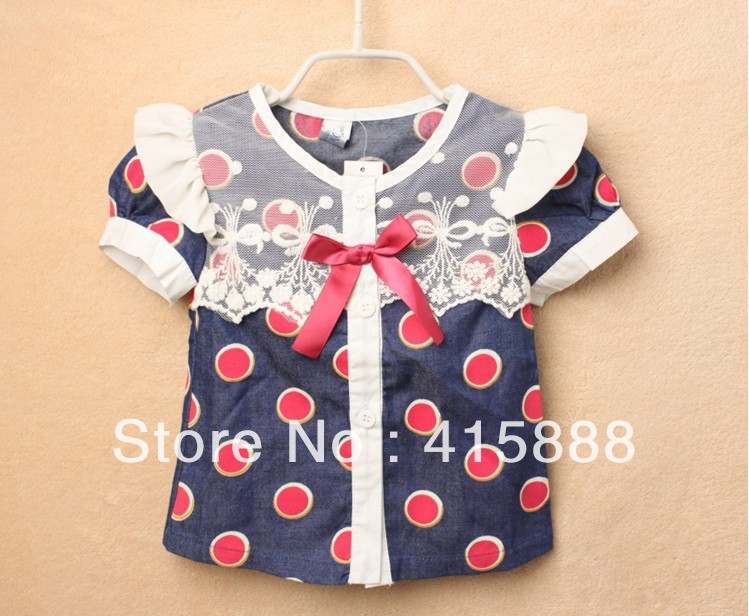 2013 girls blue dots lace bow shirt free shipping (5pcs/lot) children shirt  GQZ116