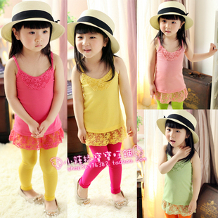 2013 girls clothing basic fashion lace sexy spaghetti strap child baby 100% cotton t-shirt basic shirt singlet