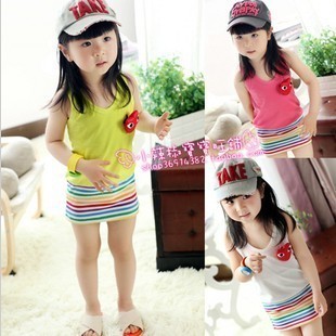 2013 girls clothing color neon color stripe slim hip tank dress children's clothing 100% cotton spaghetti strap baby t-shirt