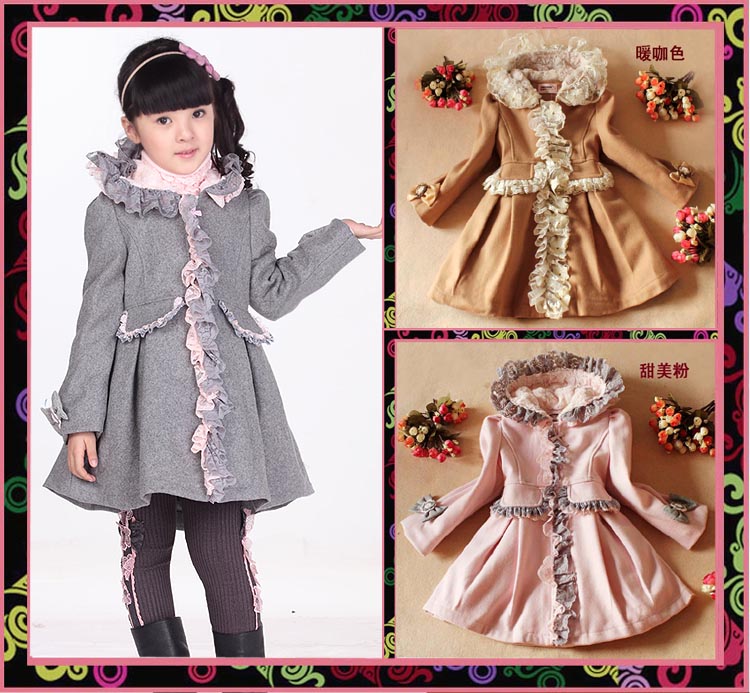 2013 girls clothing wool cotton-padded overcoat trench