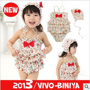 2013 Girls New Style Floral One Pieces Swim Wear 5sets/lot 4-9Years Kids Cake Design Swimsuit With A Hat