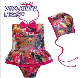 2013 Girls New Style Floral Printed One Pieces Swimsuit With A Pretty Hat Children's Summer Swimming Clothing