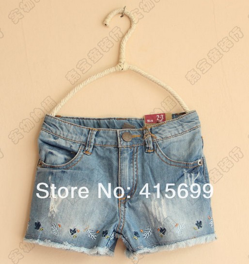 2013 Girls Summer Denim Embroidered Casual Pant Children Outwear Denim Pants 6277