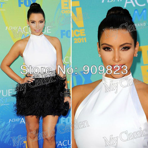 2013 Gossip Girl Kim Kardashian White Top Black Skirt Ostrich Feather Mini Short Celebrity Dresses New Fashion